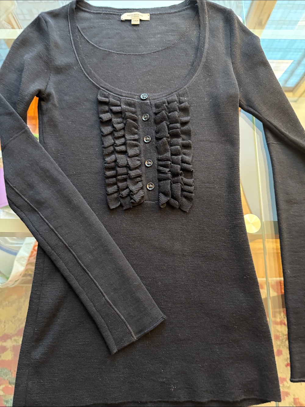 Burberry London Black Scoop Neck Ruffle Front Merino Wool Sweater size XS.